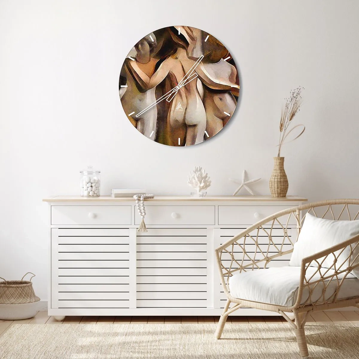 Ceas de perete - Ceas pe sticlă - O interpretare abstractă a trei figuri în culori calde. - 30x30cm - Trei Grații 2.0 - Decorațiune modernă pentru perete pentru living, bucătărie și dormitor ARTTOR
