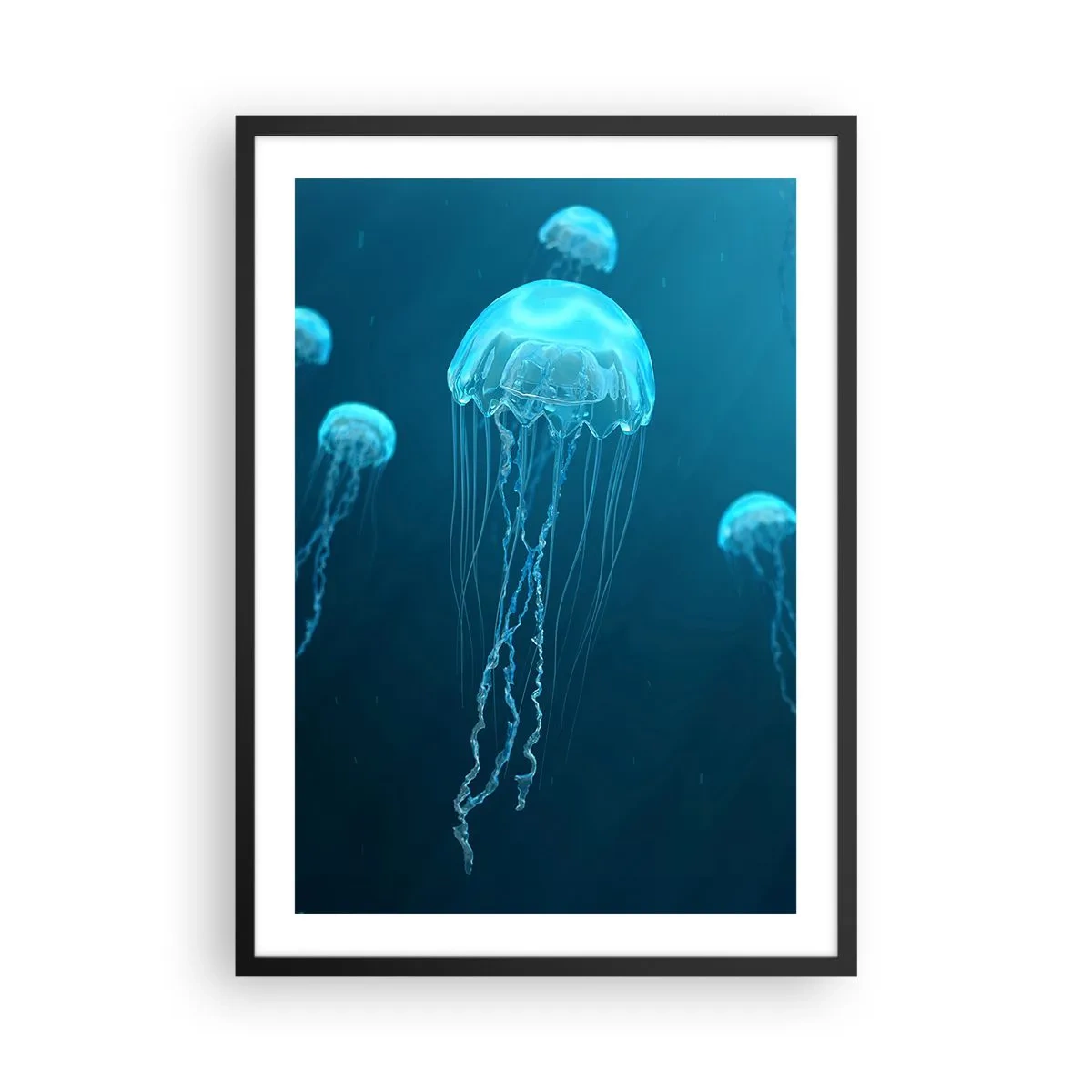 Poster în ramă neagră - Meduze plutind în apele albastre ale oceanului - 50x70cm - Dansul oceanic - Decorațiune modernă pentru perete pentru living și dormitor ARTTOR