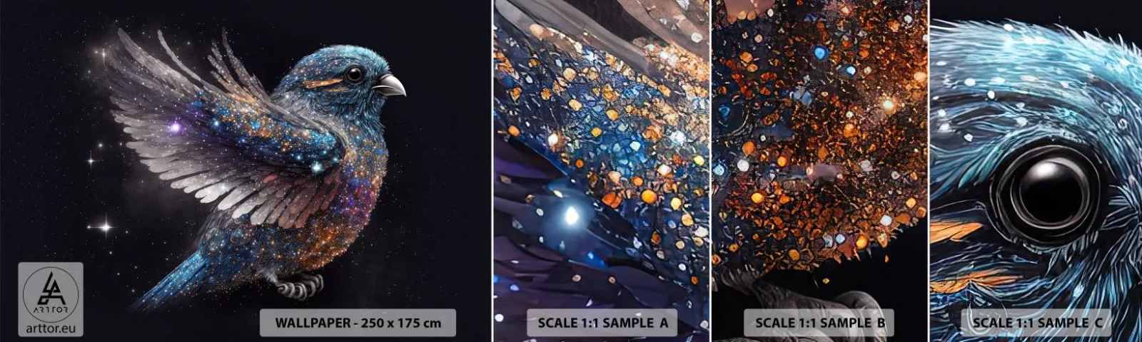 Mostră de Tapet Standard Eco - Vrăbiuța de diamant - Pasăre, Magie, Cosmos - 100x30 cm