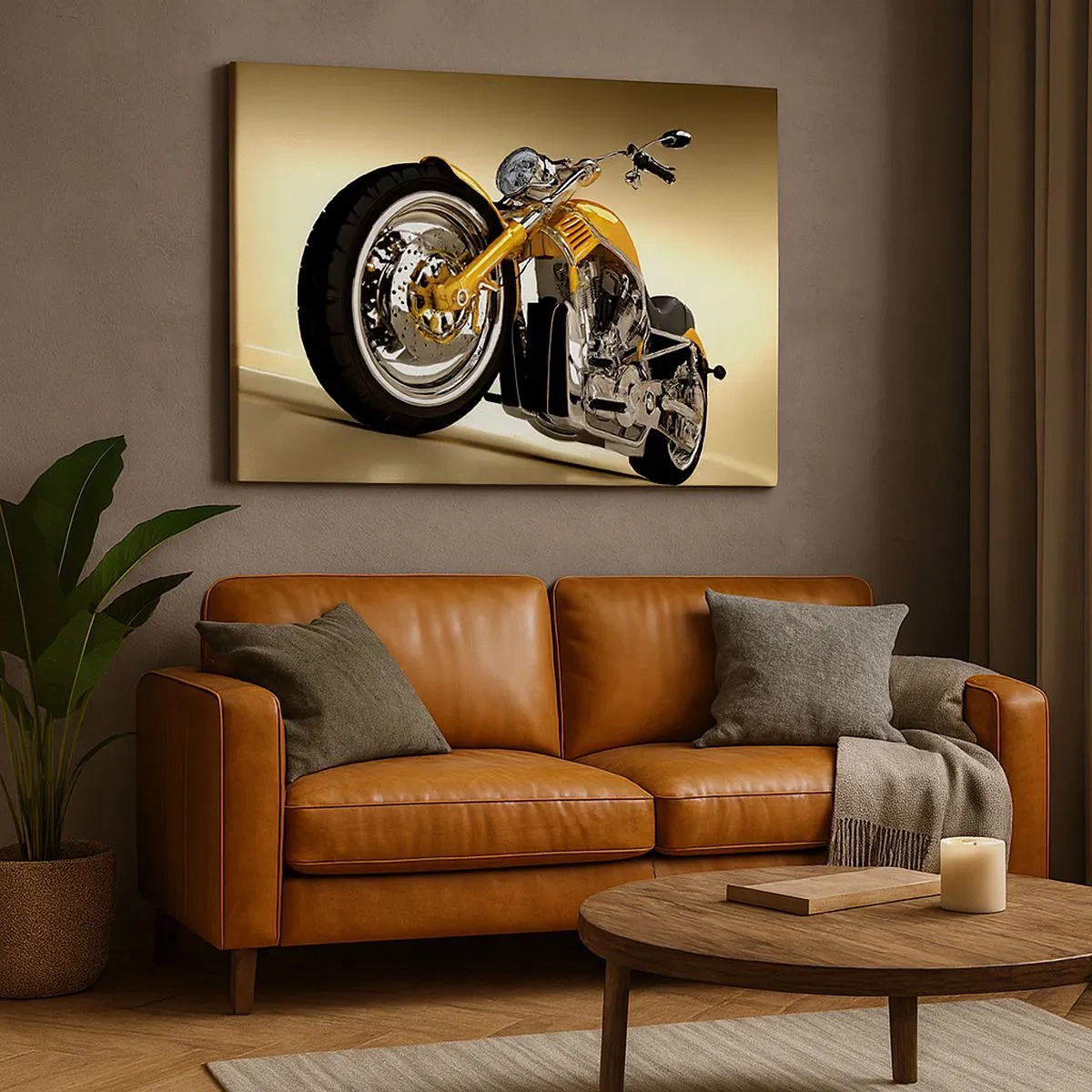 Tablou pe pânză Canvas - O motocicletă galbenă în stil chopper pe un perete bej - 70x50cm - Un vis de forță și viteză - Decorațiune modernă pentru perete pentru living și dormitor ARTTOR