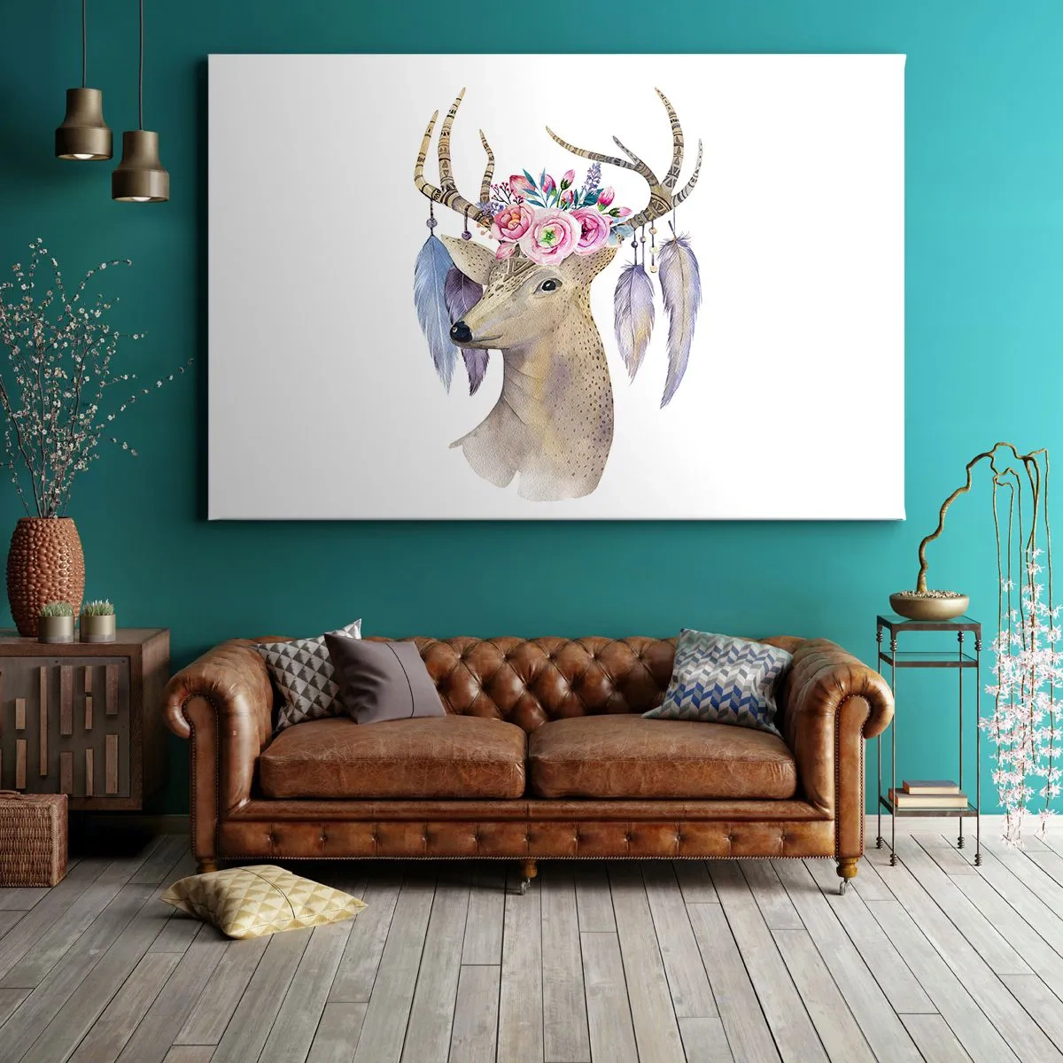 Tablou pe pânză Canvas - Grafică romantică de cerb cu flori și pene - 70x50cm - Ghidul sufletului - blând, inocent - Decorațiune modernă pentru perete pentru living și dormitor ARTTOR