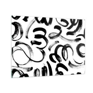 Tablou pe sticlă - Tușe de pensulă abstracte alb-negru - 70x50cm - Negru pe alb - Decorațiune modernă pentru perete pentru living și dormitor ARTTOR