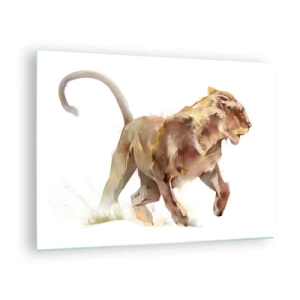 Tablou pe sticlă - Siluetă dinamică a unui leu într-un stil artistic pe un fundal alb - 70x50cm - Harul sălbatic - Decorațiune modernă pentru perete pentru living și dormitor ARTTOR
