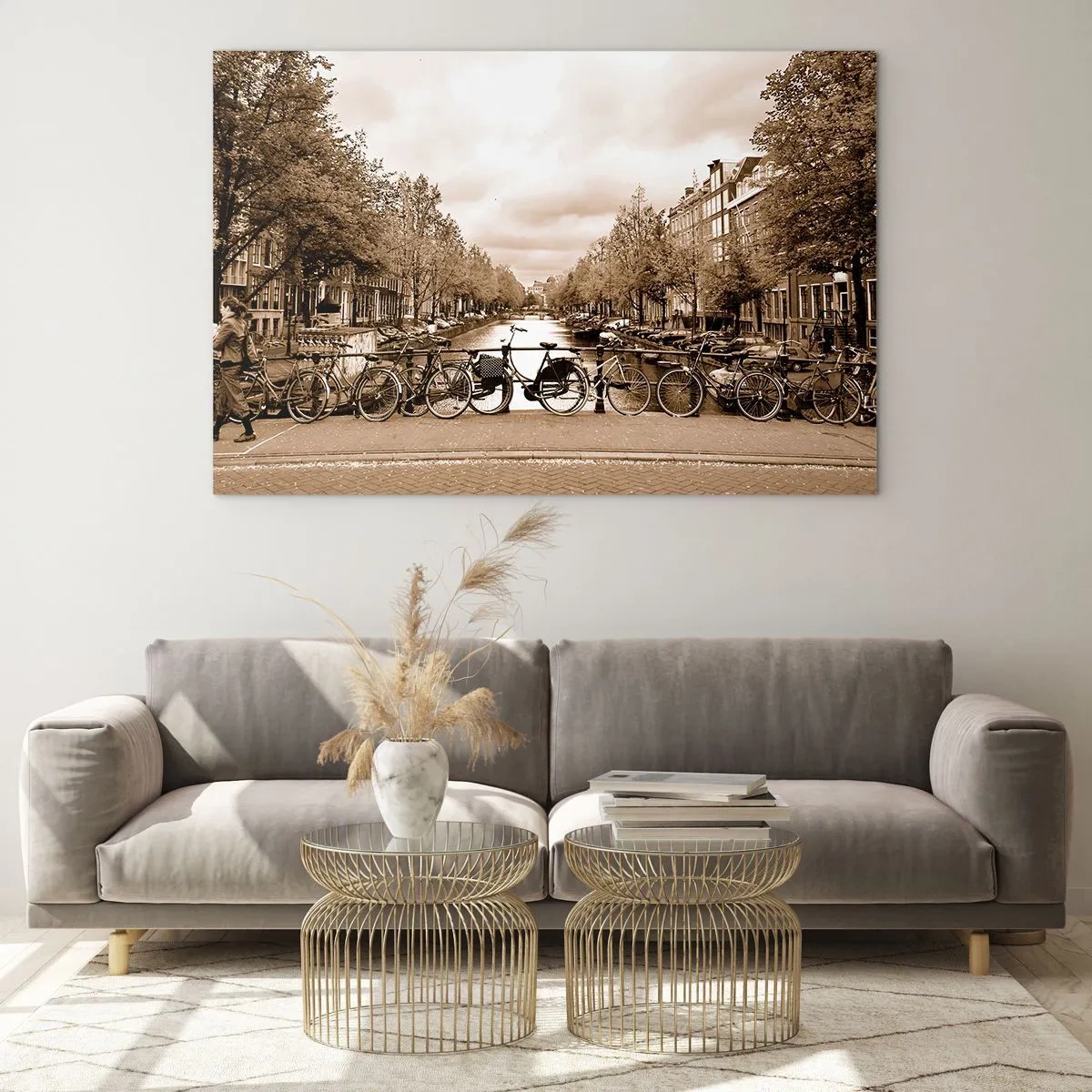 Tablou pe sticlă - Podul Amsterdam cu biciclete retro - 70x50cm - Atmosfera olandeză - Decorațiune modernă pentru perete pentru living și dormitor ARTTOR