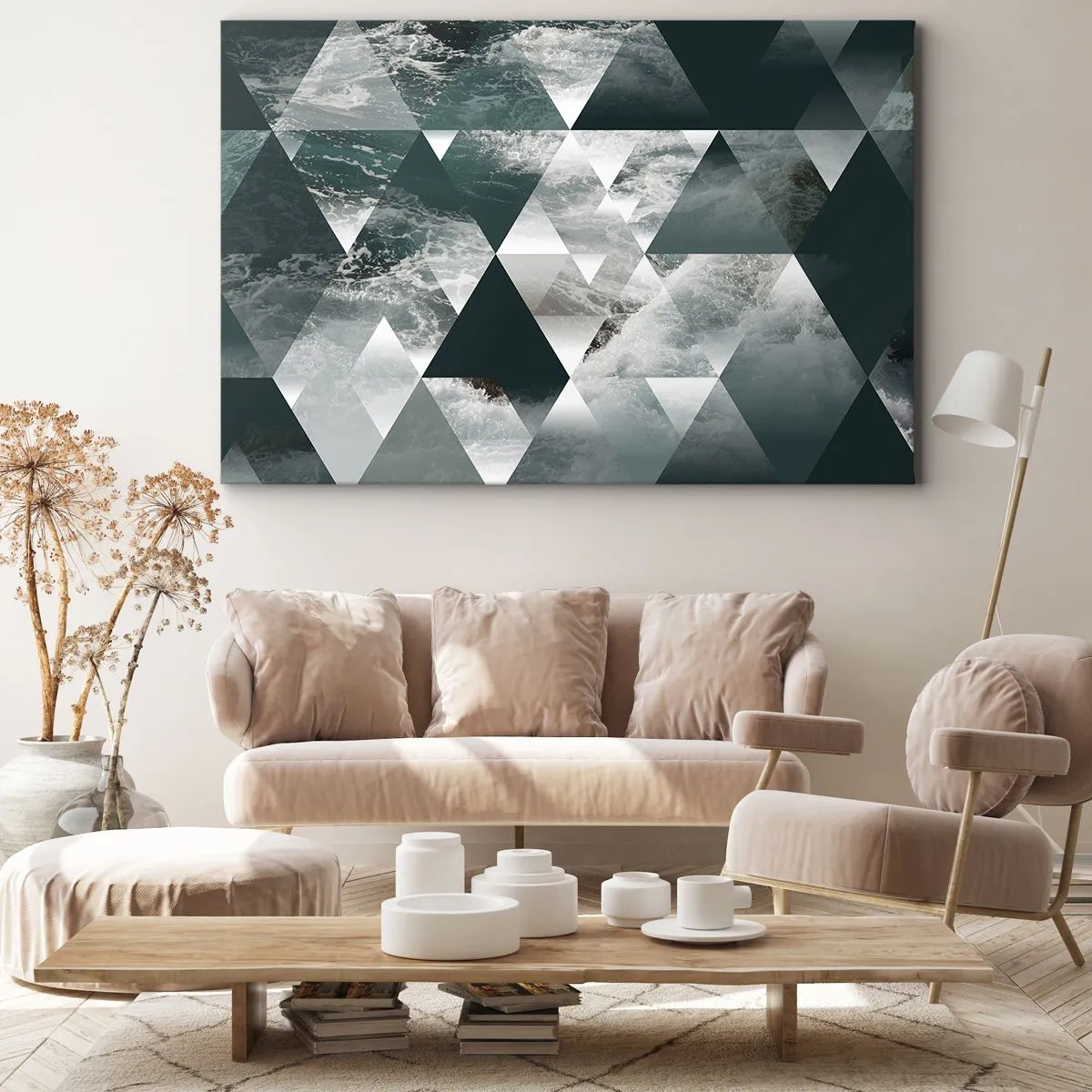 Tablou pe pânză Canvas - Model geometric cu motiv ondulat în nuanțe de verde - 70x50cm - O perspectivă de cristal - Decorațiune modernă pentru perete pentru living și dormitor ARTTOR