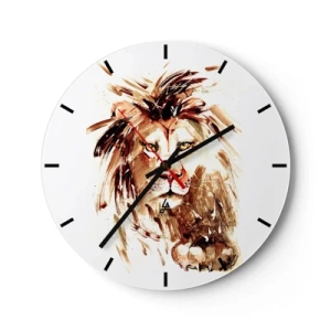 Ceas de perete - Ceas pe sticlă - Portretul unui leu în nuanțe de maro într-o formă artistică dinamică - 30x30cm - Putere și demnitate - Decorațiune modernă pentru perete pentru living, bucătărie și dormitor ARTTOR