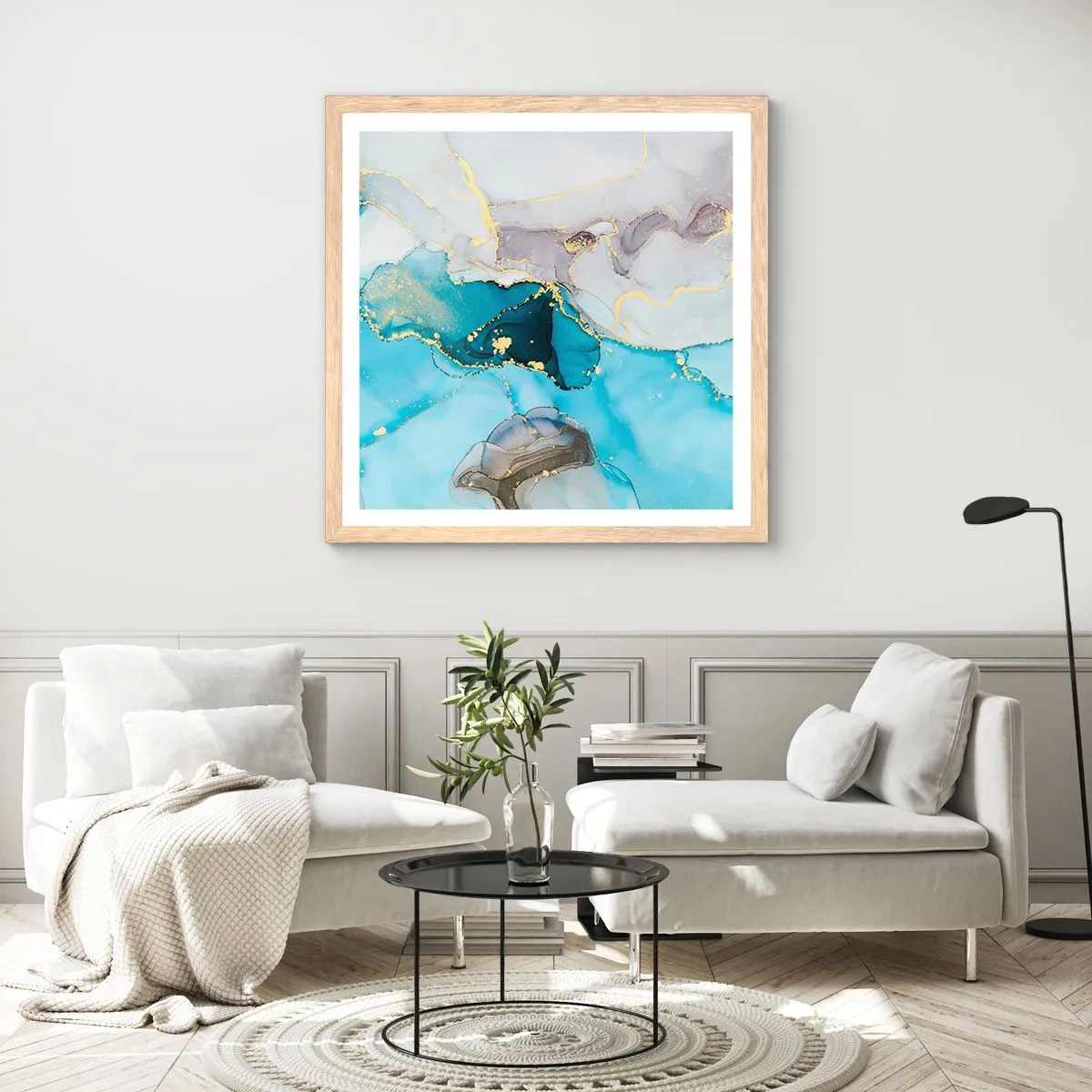 Poster în ramă de stejar deschis - Un studiu al întâlnirii dintre gri și turcoaz - 40x40 cm