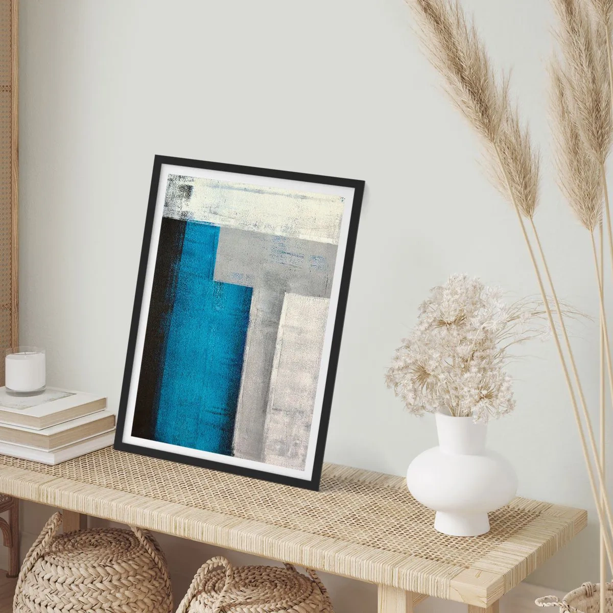 Poster în ramă neagră - Abstracție geometrică în nuanțe de albastru și gri - 50x70cm - Compoziție poetică de gri și albastru - Decorațiune modernă pentru perete pentru living și dormitor ARTTOR