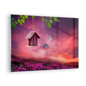 Tablou pe sticlă - O hrănitoare pentru păsări pe un cer roz - 70x50cm - Invitație la cină - Decorațiune modernă pentru perete pentru living și dormitor ARTTOR