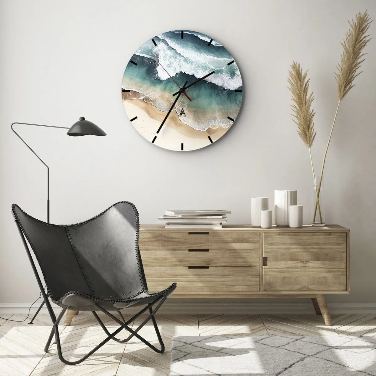 Ceas de perete - Ceas pe sticlă - Valurile mării se sparg pe o plajă nisipoasă din vederea unei păsări - 30x30cm - Întâlnire eternă - Decorațiune modernă pentru perete pentru living, bucătărie și dormitor ARTTOR