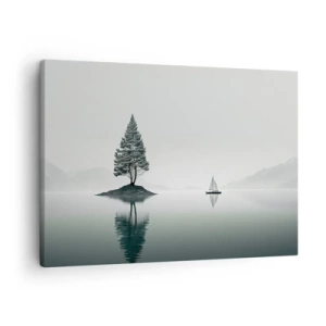 Tablou pe pânză Canvas - Un peisaj minimalist cu un copac pe o insulă și o barcă cu pânze. - 70x50cm - Visând cu ochii deschiși - Decorațiune modernă pentru perete pentru living și dormitor ARTTOR