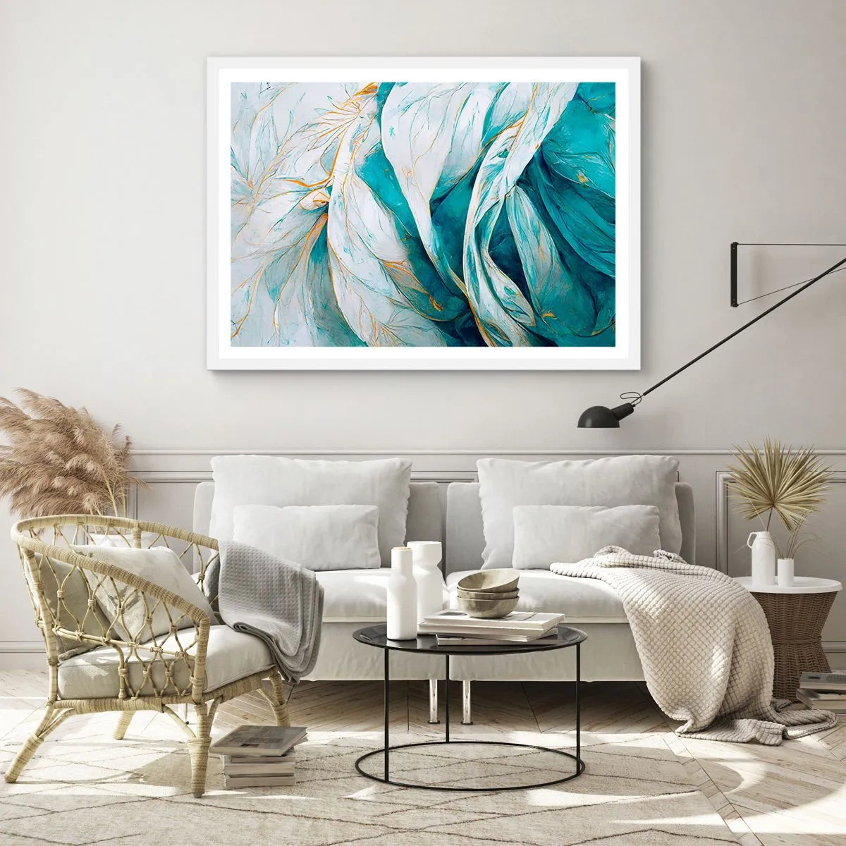 Poster în ramă albă - Abstractul albastru cu motiv auriu - 50x40 cm