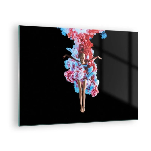 Tablou pe sticlă - Un dansator înconjurat de fum colorat pe un fundal negru - 70x50cm - În plină înflorire - Decorațiune modernă pentru perete pentru living și dormitor ARTTOR