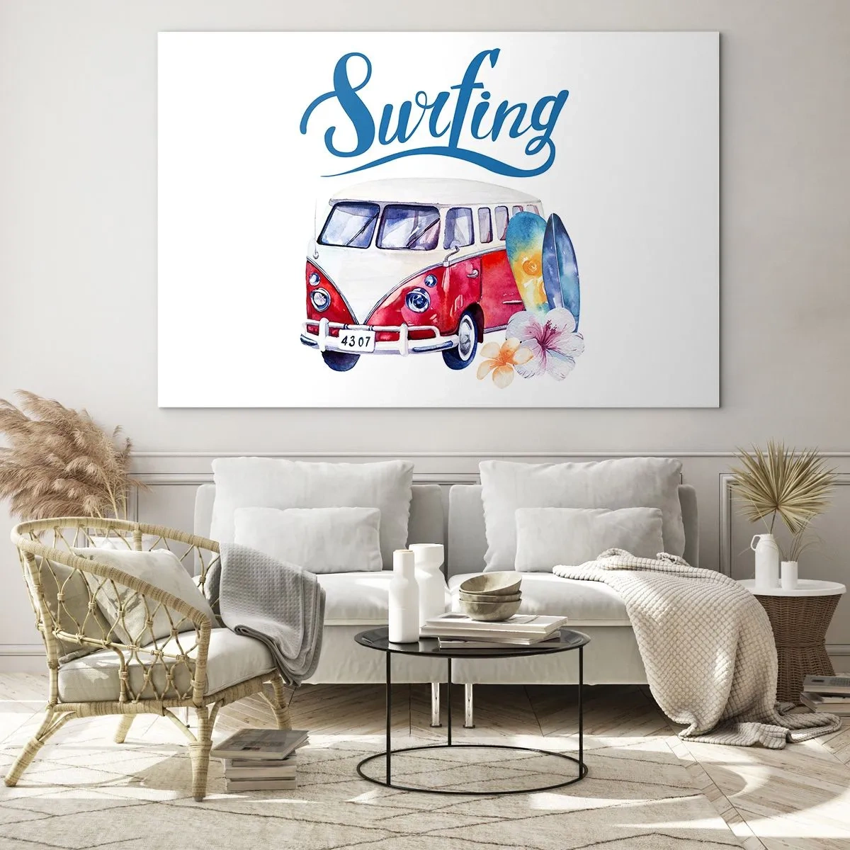 Tablou pe sticlă - Temă de surfing cu dubă și plăci - 70x50cm - Un clasic pentru surferi - Decorațiune modernă pentru perete pentru living și dormitor ARTTOR