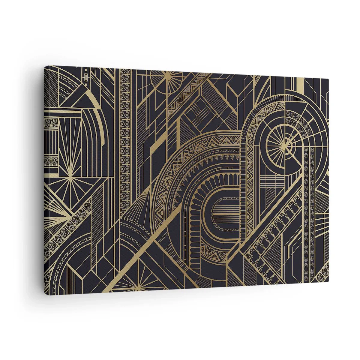 Tablou pe pânză Canvas - Modele geometrice aurii pe fundal negru în stil Art Deco - 70x50cm - Concepte, idei, planuri - Decorațiune modernă pentru perete pentru living și dormitor ARTTOR