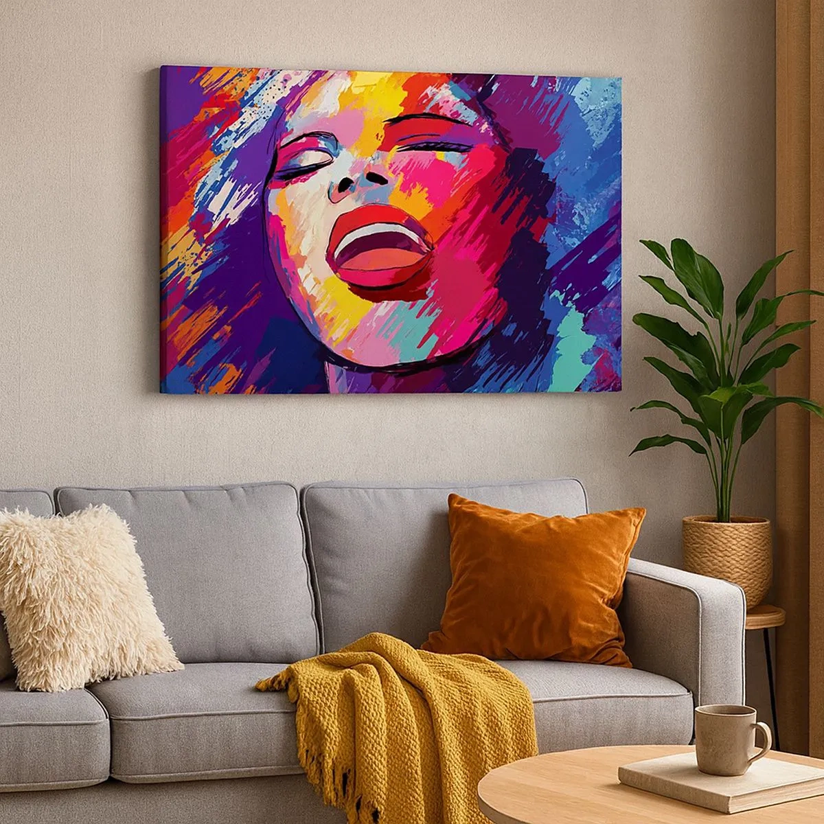 Tablou pe pânză Canvas - Portret abstract al unei femei în culori vii - 70x50cm - Cântă toată viața - Decorațiune modernă pentru perete pentru living și dormitor ARTTOR