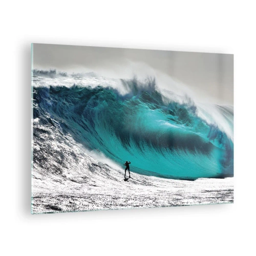 Tablou pe sticlă - Un surfer în fața unui val uriaș - 70x50cm - Provocare acceptată - Decorațiune modernă pentru perete pentru living și dormitor ARTTOR