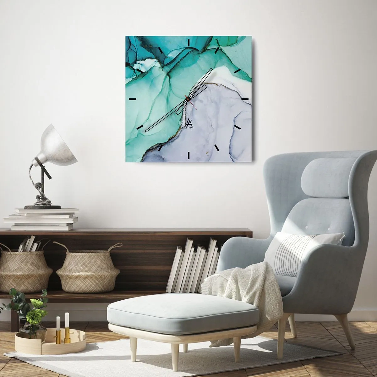 Ceas de perete - Ceas pe sticlă - Studiu în turcoaz - 30x30 cm