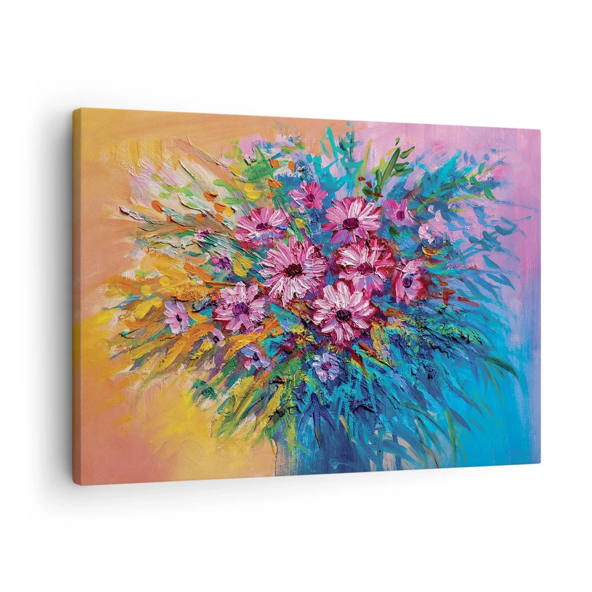 Tablou pe pânză Canvas - Flori colorate într-un buchet pe un fundal pastelat - 70x50cm - Energia vieții - Decorațiune modernă pentru perete pentru living și dormitor ARTTOR