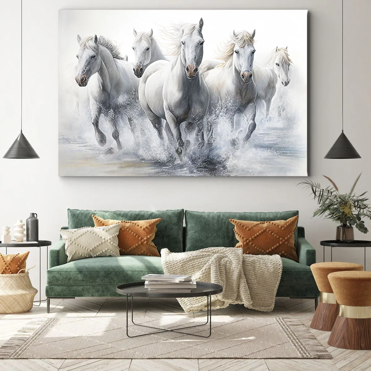 Tablou pe pânză Canvas - Cai albi galopând prin apă - 70x50cm - Magie albă - Decorațiune modernă pentru perete pentru living și dormitor ARTTOR