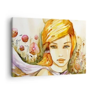 Tablou pe pânză Canvas - Portretul unei femei în culori de acuarelă cu o privire intensă - 70x50cm - Privirea de smarald care reduce la tăcere furia - Decorațiune modernă pentru perete pentru living și dormitor ARTTOR