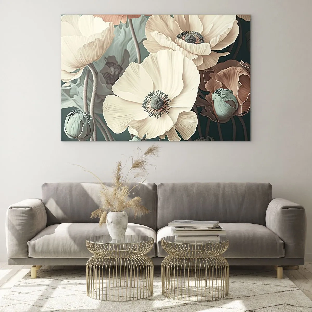 Tablou pe sticlă - Mac delicat cu cremă și somon pe un fundal închis - 70x50cm - Șoapta macilor - Decorațiune modernă pentru perete pentru living și dormitor ARTTOR
