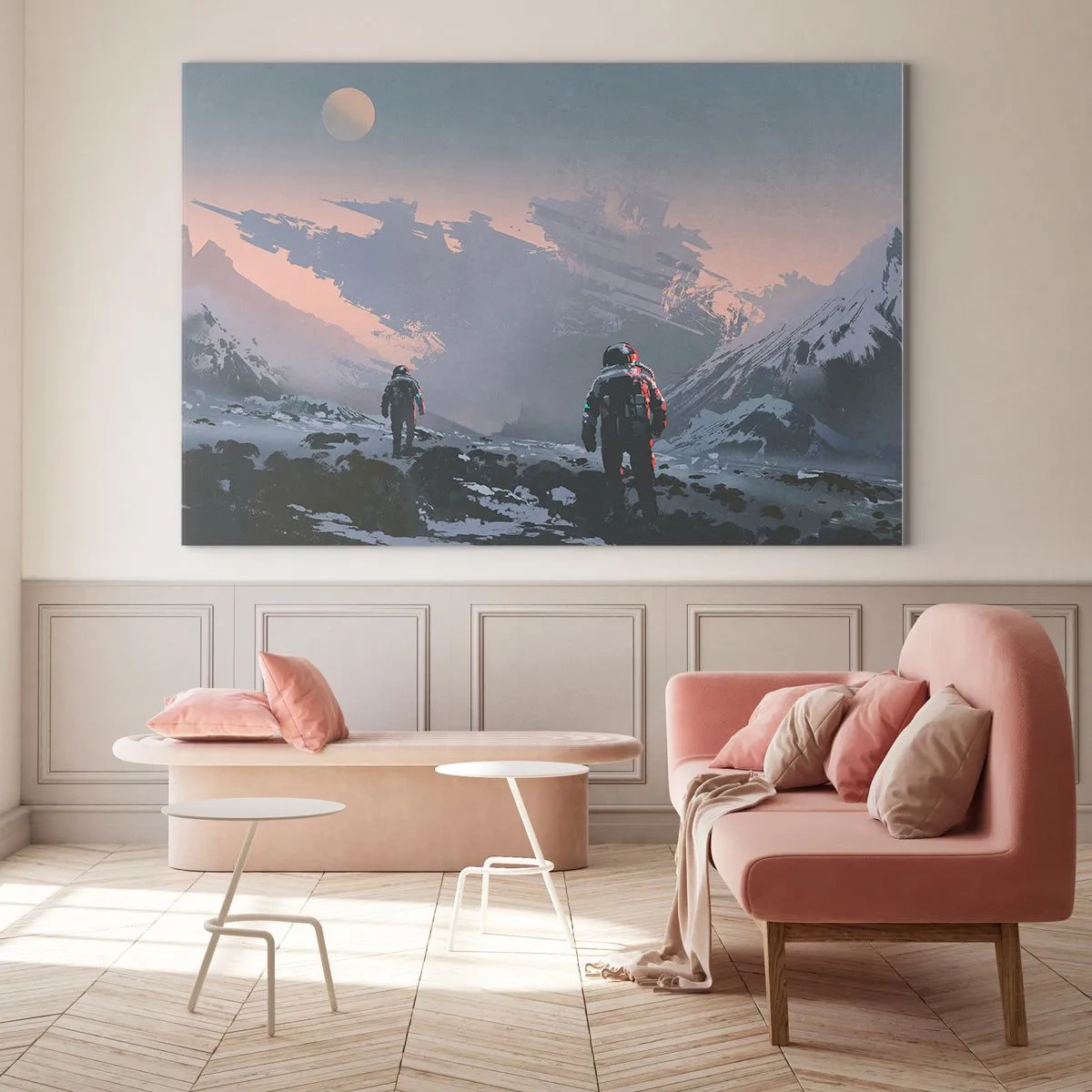Tablou pe sticlă - Astronauți pe o planetă extraterestră cu o naufragie în fundal - 70x50cm - Sub o stea necunoscută - Decorațiune modernă pentru perete pentru living și dormitor ARTTOR