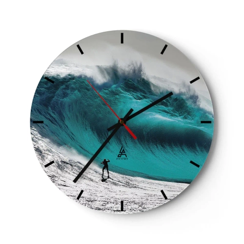Ceas de perete - Ceas pe sticlă - Un surfer în fața unui val turcoaz gigantic - 30x30cm - Provocare acceptată - Decorațiune modernă pentru perete pentru living, bucătărie și dormitor ARTTOR