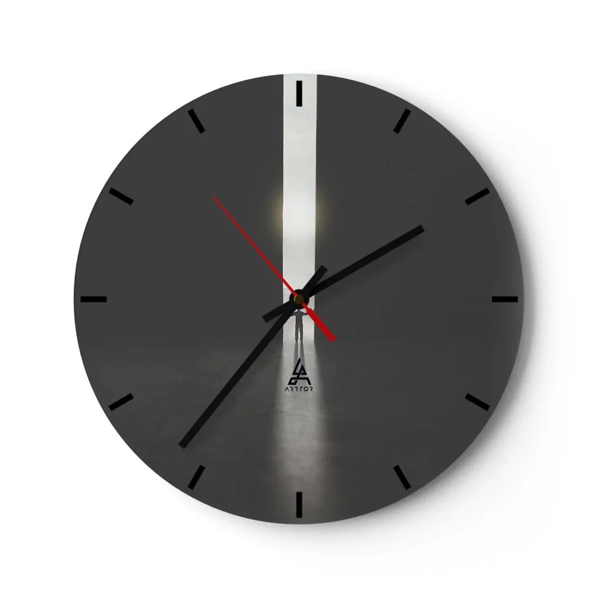 Ceas de perete - Ceas pe sticlă - Silueta unui bărbat într-un spațiu luminos într-un spațiu întunecat - 30x30cm - Un pas spre un viitor luminos - Decorațiune modernă pentru perete pentru living, bucătărie și dormitor ARTTOR