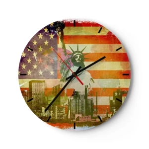 Ceas de perete - Ceas pe sticlă - Statuia Libertății pe fundalul drapelului SUA și al peisajului urban - 30x30cm - Viva America! - Decorațiune modernă pentru perete pentru living, bucătărie și dormitor ARTTOR