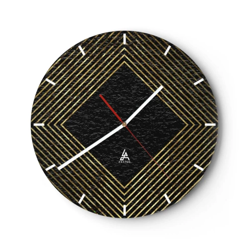 Ceas de perete - Ceas pe sticlă - Linii aurii care formează un romb pe un fundal negru - 30x30cm - Geometrie în stil glamour - Decorațiune modernă pentru perete pentru living, bucătărie și dormitor ARTTOR