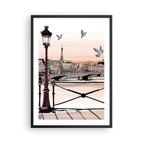 Poster în ramă neagră - Ilustrație a Parisului la apus cu un felinar și un pod - 50x70cm - Deasupra acoperișurilor Parisului - Decorațiune modernă pentru perete pentru living și dormitor ARTTOR