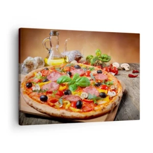 Tablou pe pânză Canvas - Pizza apetisantă pe o masă de lemn cu toppinguri - 70x50cm - Cu o adevărată aromă italiană - Decorațiune modernă pentru perete pentru living și dormitor ARTTOR