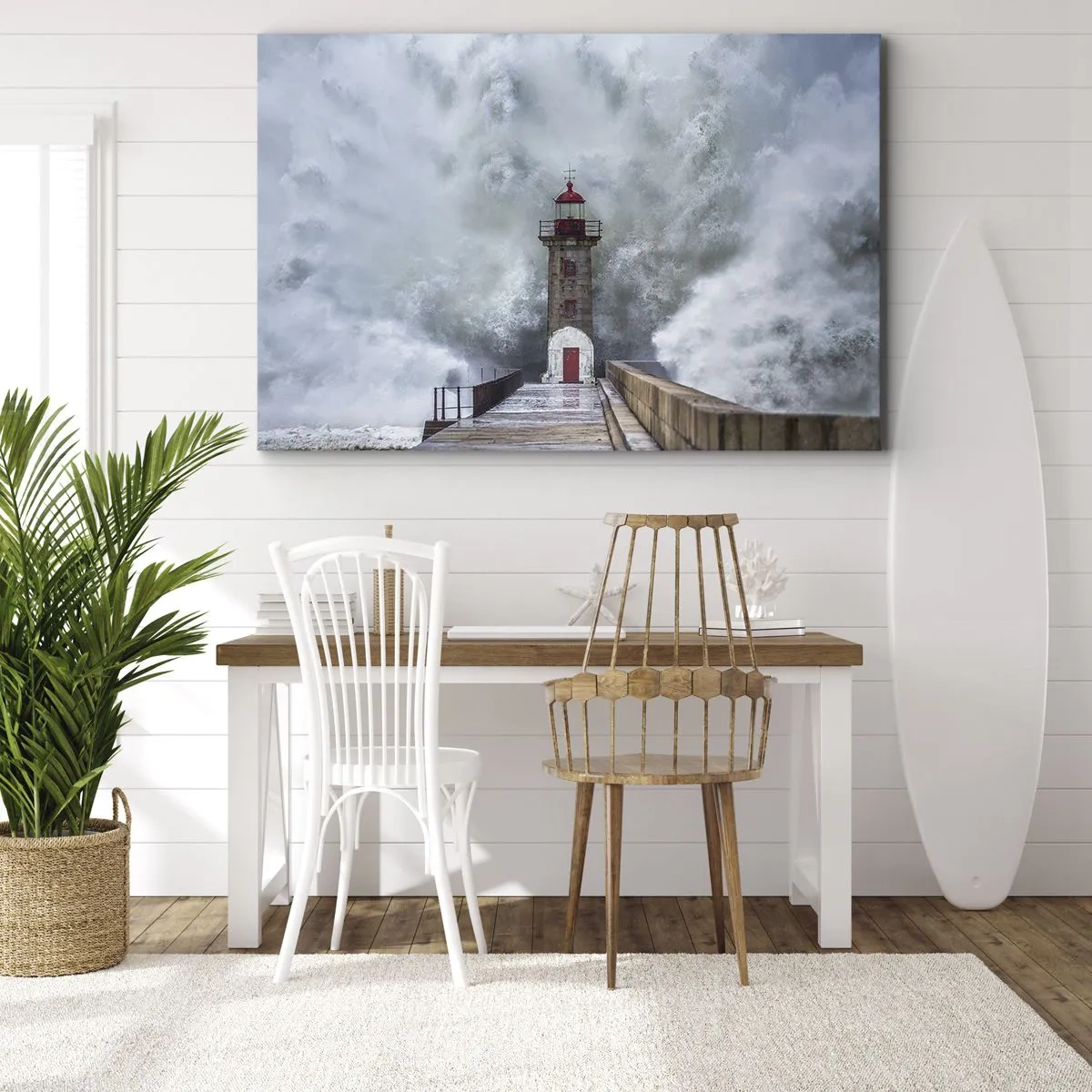 Tablou pe pânză Canvas - Un far înconjurat de valuri agitate - 70x50cm - Zgomotul apelor, sunetul vântului - Decorațiune modernă pentru perete pentru living și dormitor ARTTOR