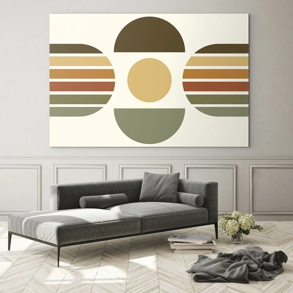 Tablou pe sticlă - Design geometric abstract cu tonuri pământii și forme îndrăznețe - 70x50cm - În culorile pământului - Decorațiune modernă pentru perete pentru living și dormitor ARTTOR