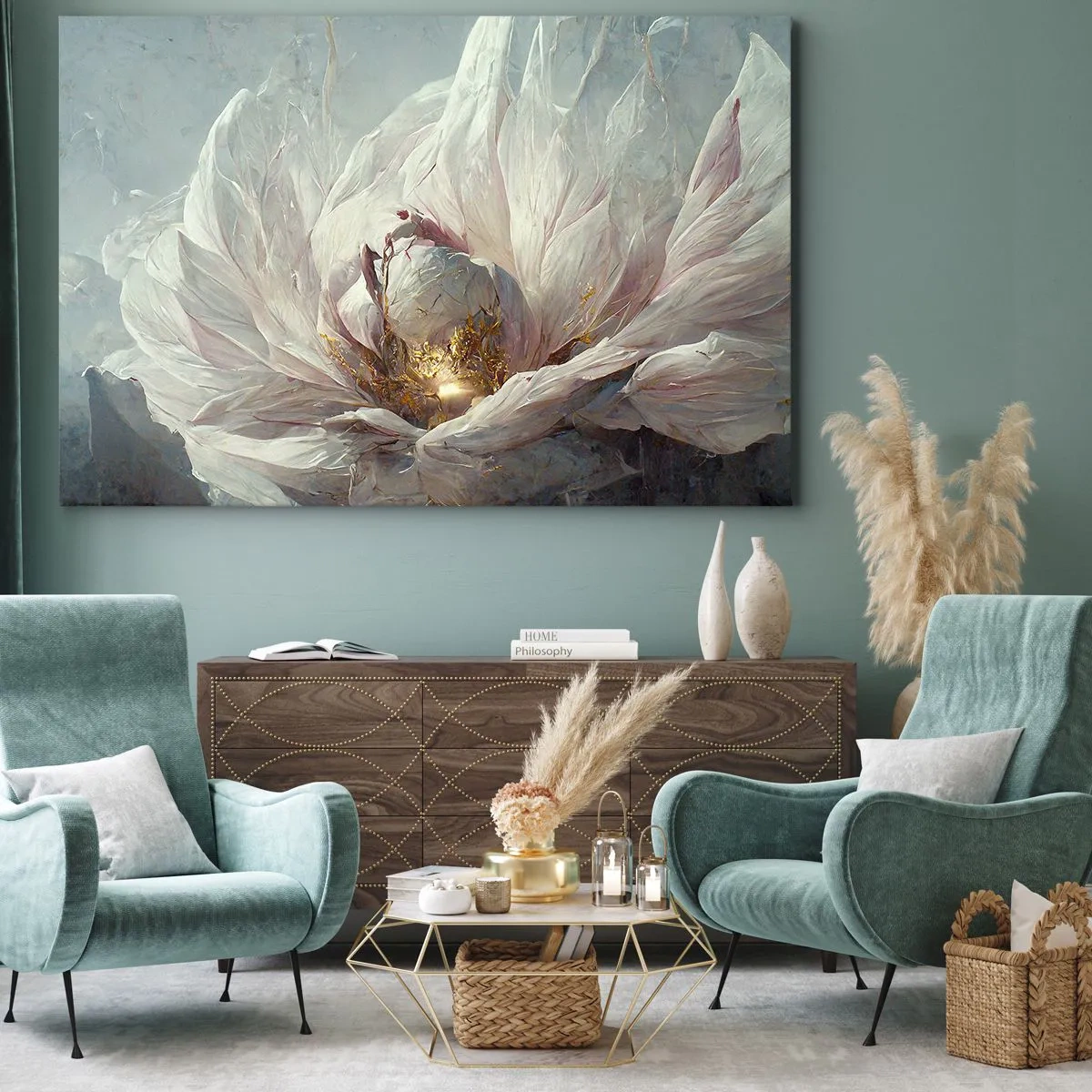 Tablou pe pânză Canvas - O floare albă delicată cu accente subtile aurii - 70x50cm - Înflorește o dată la o sută de ani - Decorațiune modernă pentru perete pentru living și dormitor ARTTOR
