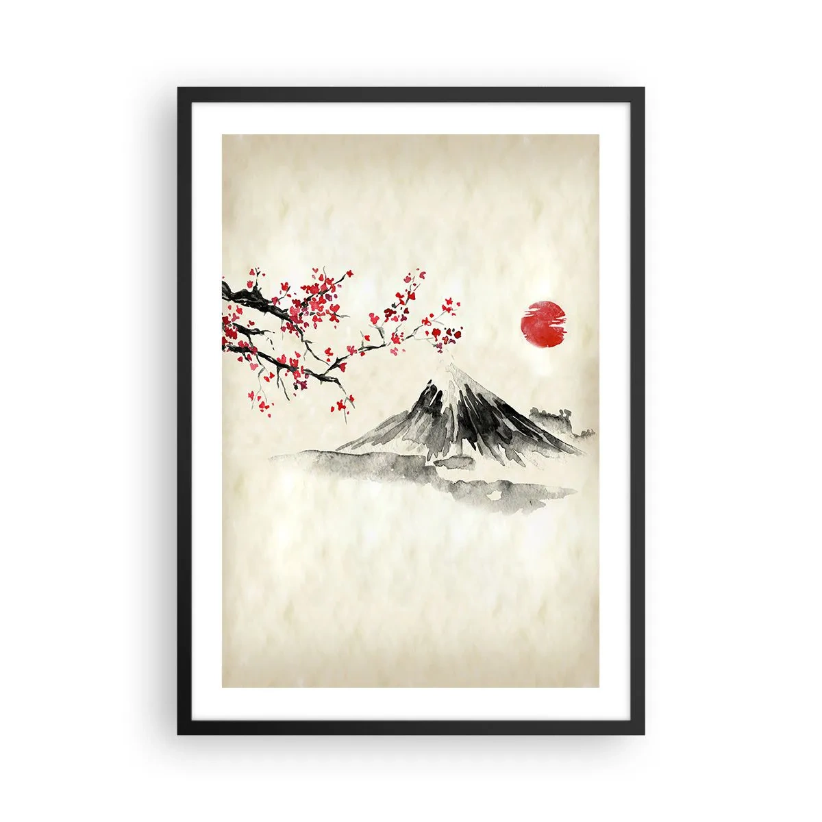 Poster în ramă neagră - Un munte cu o ramură de cireș înflorit și un soare roșu - 50x70cm - Îndrăgostește-te de Japonia - Decorațiune modernă pentru perete pentru living și dormitor ARTTOR