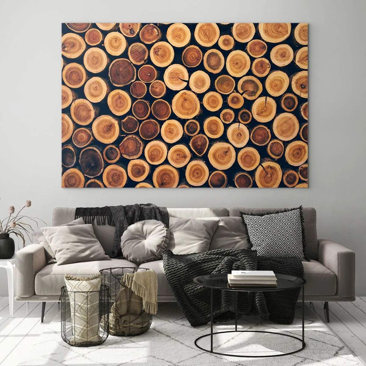 Tablou pe sticlă - Vedere a trunchiurilor de copaci tăiați, aranjate la rând - 70x50cm - Cât de bătrân sunt? - Decorațiune modernă pentru perete pentru living și dormitor ARTTOR