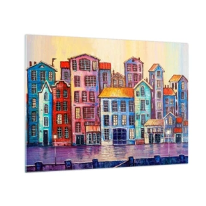 Tablou pe sticlă - Case de locuit colorate reflectate în apă - 70x50cm - Un oraș ca în basm - Decorațiune modernă pentru perete pentru living și dormitor ARTTOR