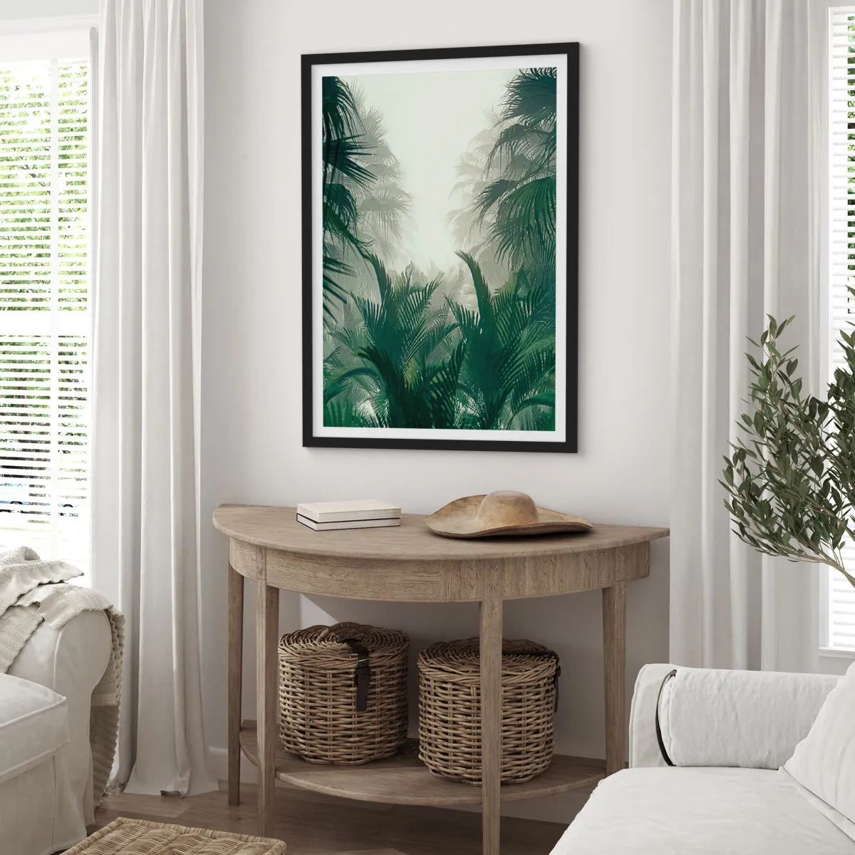 Poster în ramă neagră - Vegetație tropicală într-un cadru cețos - 50x70cm - Mister tropical - Decorațiune modernă pentru perete pentru living și dormitor ARTTOR