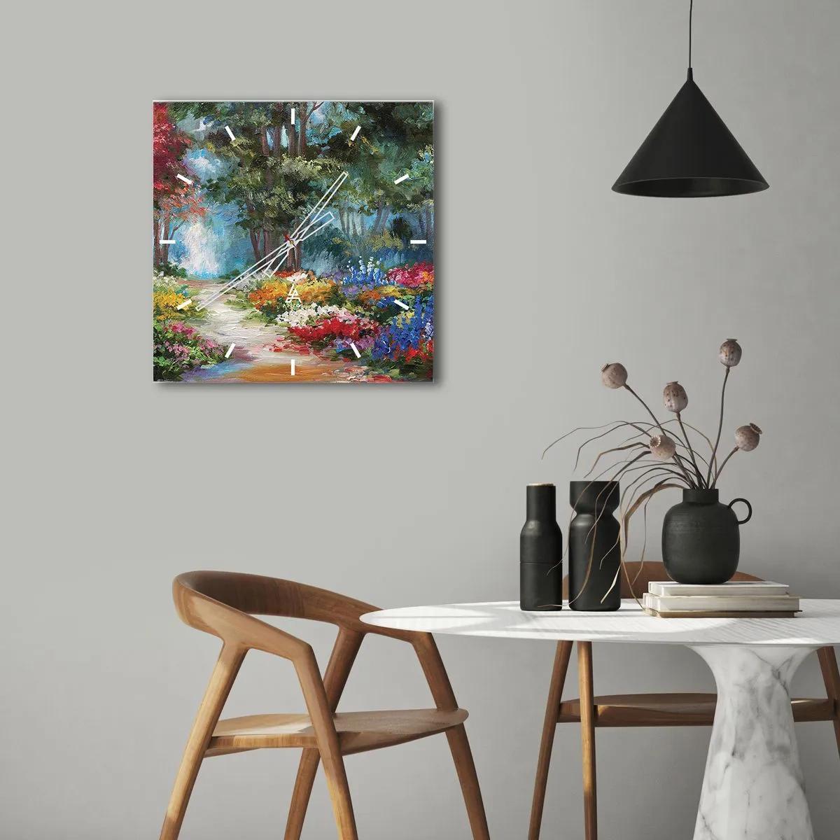Ceas de perete - Ceas pe sticlă - Grădină de pădure, pădure de flori - 30x30 cm
