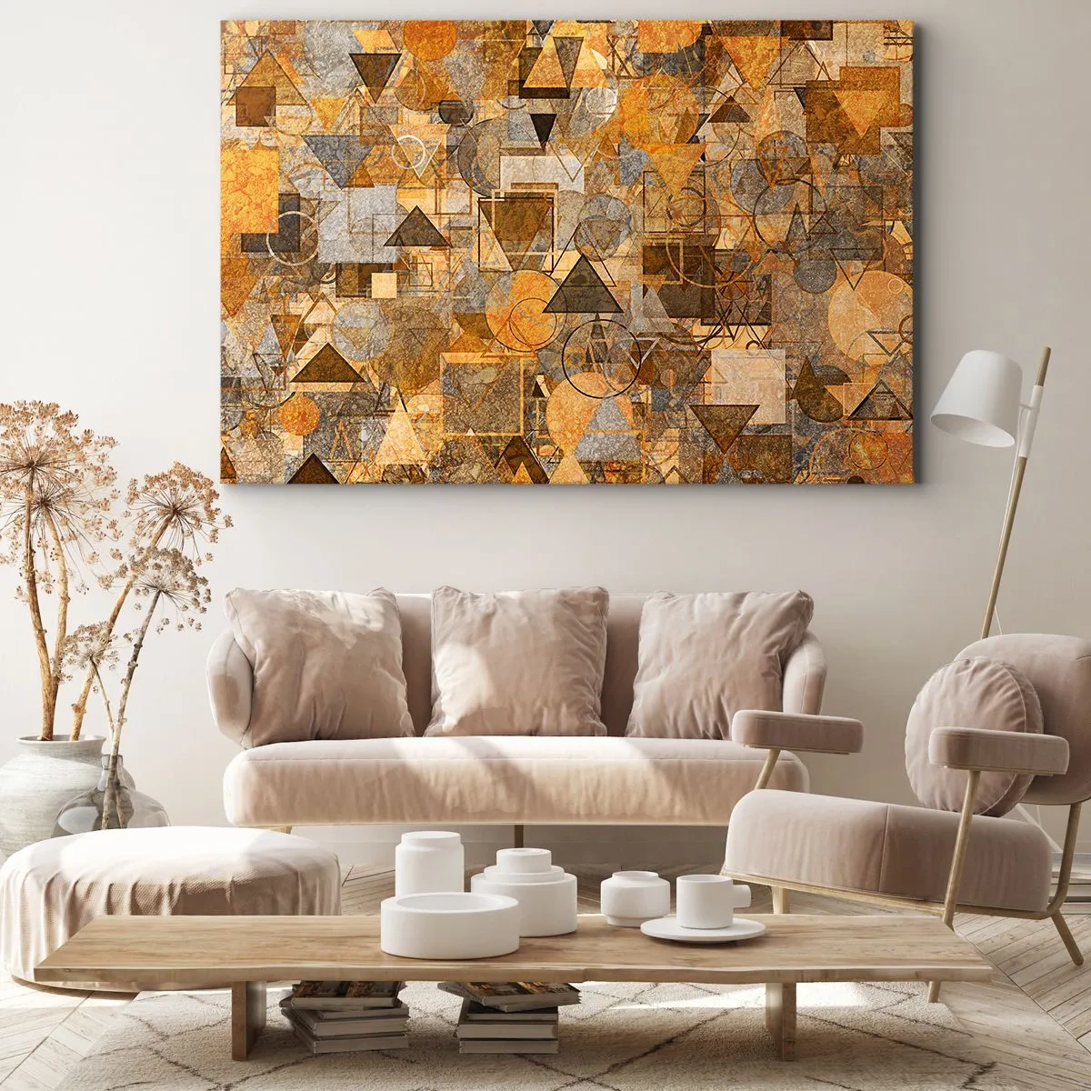 Tablou pe pânză Canvas - Modele geometrice abstracte în nuanțe de auriu - 70x50cm - Lumea băgată în formă - Decorațiune modernă pentru perete pentru living și dormitor ARTTOR
