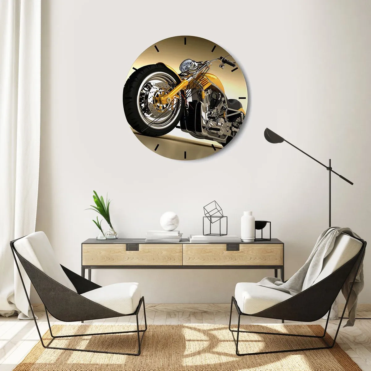 Ceas de perete - Ceas pe sticlă - O motocicletă elegantă în nuanțe de auriu și crom - 30x30cm - Un vis de forță și viteză - Decorațiune modernă pentru perete pentru living, bucătărie și dormitor ARTTOR