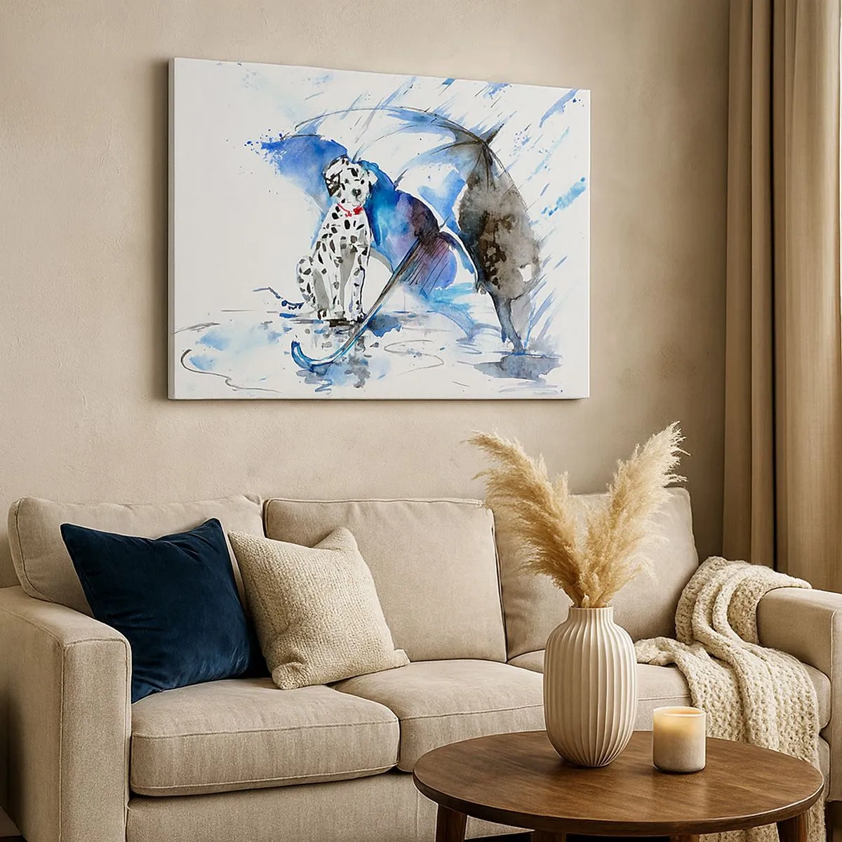 Tablou pe pânză Canvas - Pictură în acuarelă a unui câine dalmațian cu o umbrelă în fundal - 70x50cm - Pentru asta sunt prietenii - Decorațiune modernă pentru perete pentru living și dormitor ARTTOR