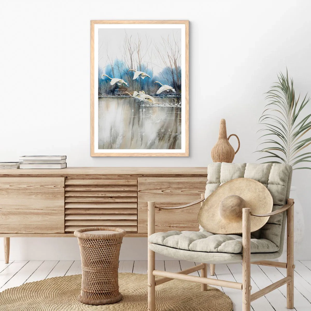 Poster în ramă de stejar deschis - Dansând cu lebedele sălbatice - 50x70 cm