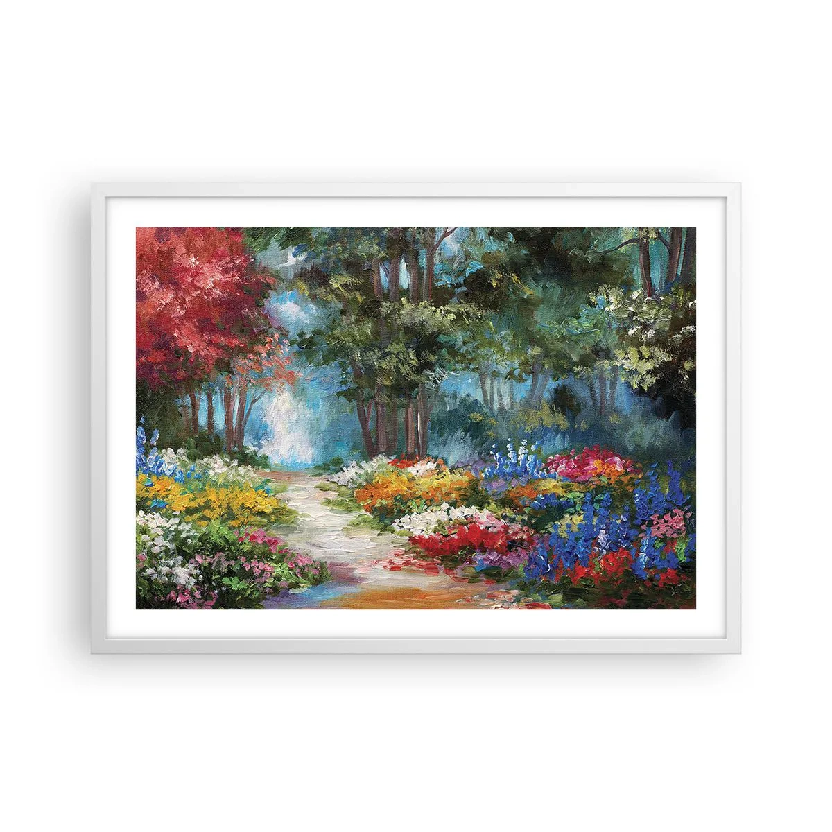 Poster în ramă albă - Grădină de pădure, pădure de flori - 70x50 cm