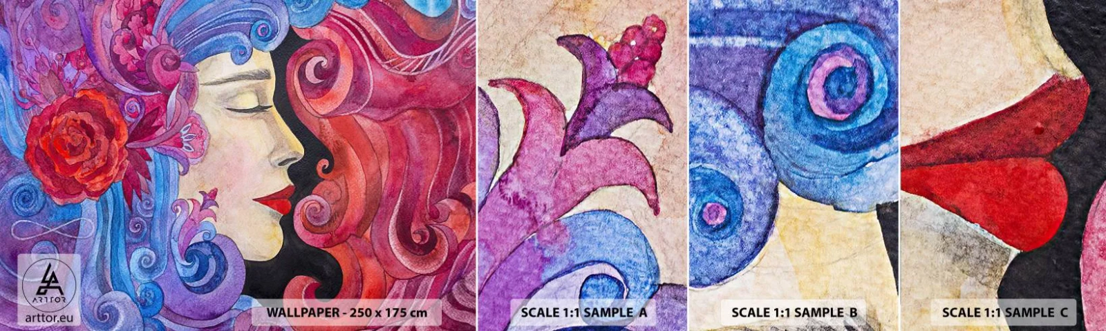 Mostră tapet autocolant Deluxe Sticker - Secesiunea mai trăiește - Femeie, Flori, Zeiţă - 100x30 cm