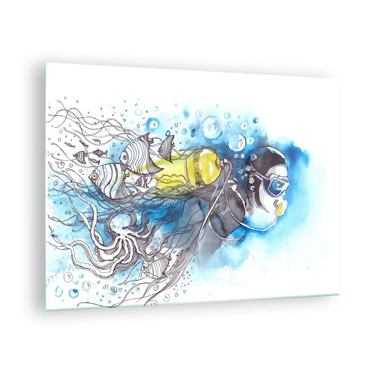 Tablou pe sticlă - Scafandru sub apă cu pești în acuarelă artistică - 70x50cm - Marele albastru - Decorațiune modernă pentru perete pentru living și dormitor ARTTOR