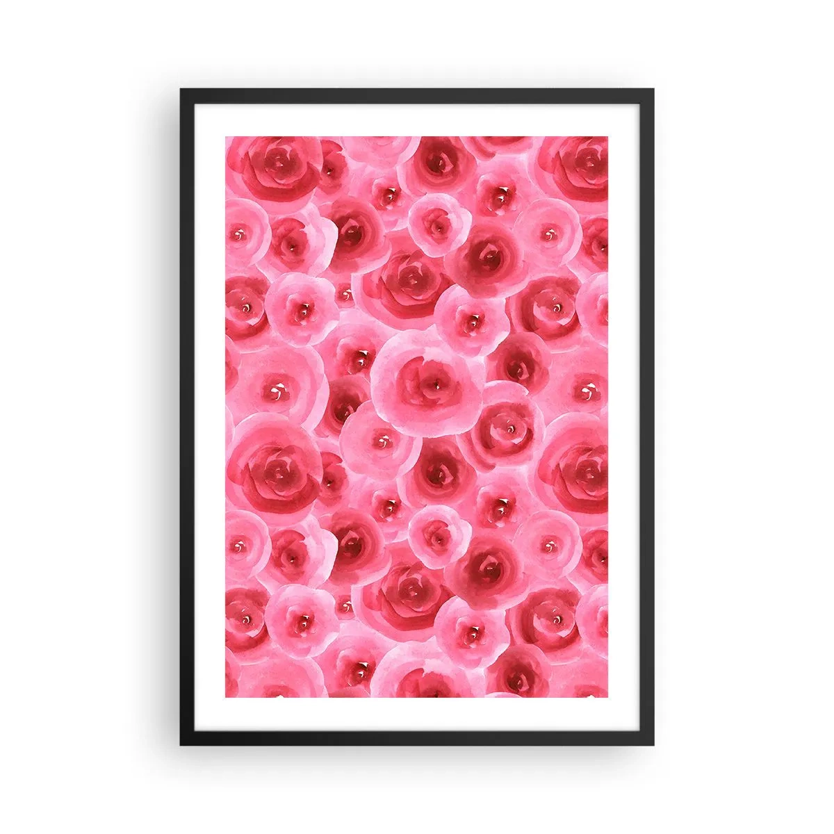 Poster în ramă neagră - Trandafiri roz în acuarelă într-un stil romantic - 50x70cm - Trandafiri de sus în jos - Decorațiune modernă pentru perete pentru living și dormitor ARTTOR