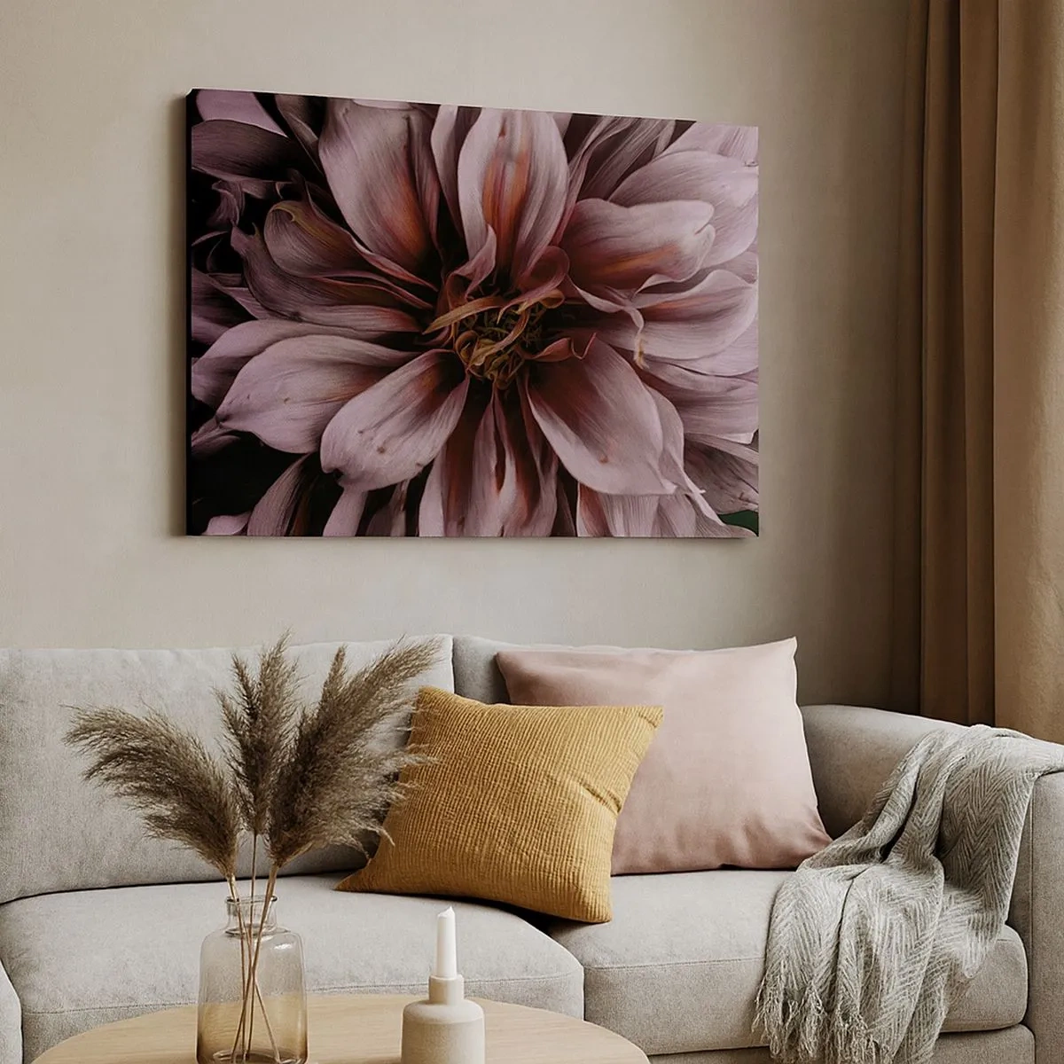Tablou pe pânză Canvas - Detaliu în prim-plan al unei flori mari în culori subtile - 70x50cm - Inimă florală - Decorațiune modernă pentru perete pentru living și dormitor ARTTOR